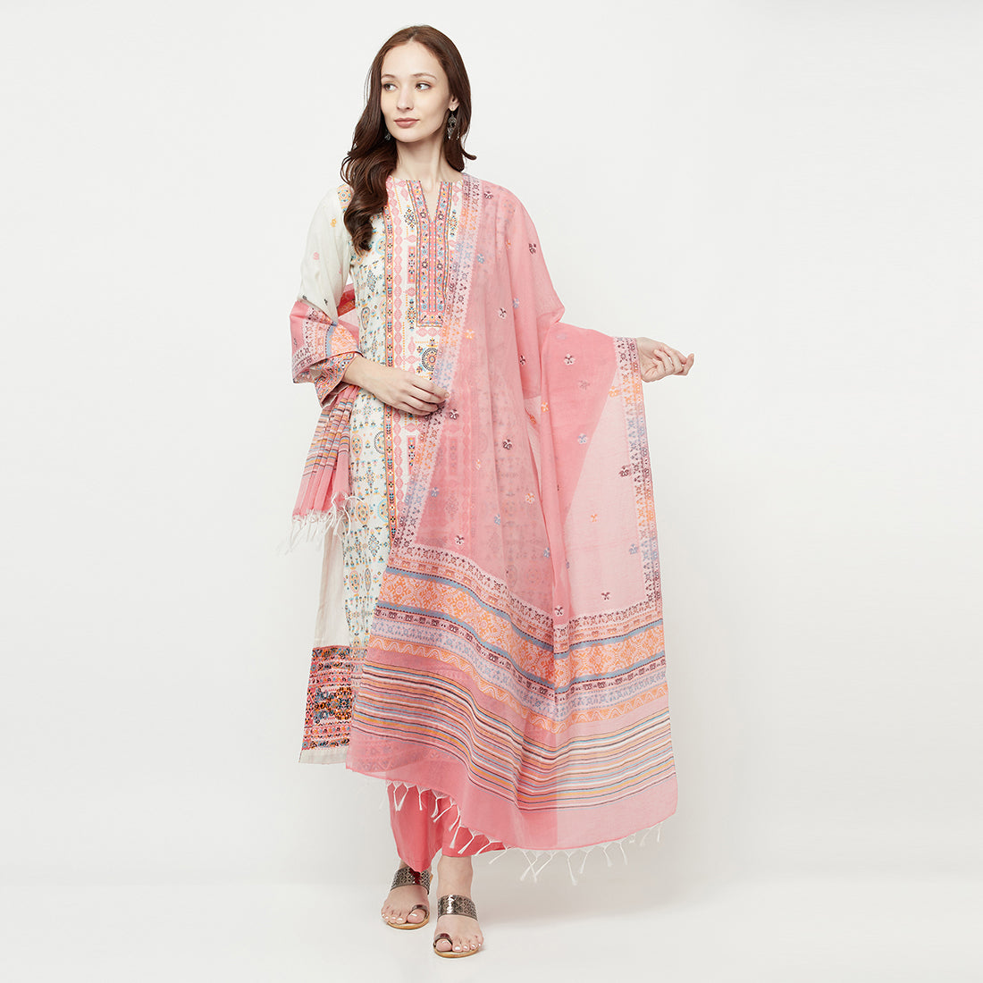WOMEN COTTON WOVEN PEACH DESIGN UNSTITCHED DRESS MATERIAL WITH CONTRAST DUPATTA