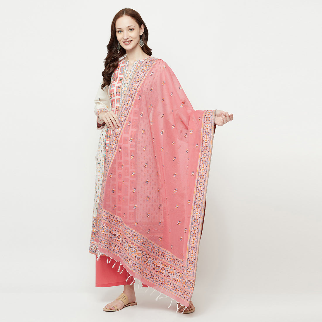 WOMEN COTTON WOVEN PEACH DESIGN UNSTITCHED DRESS MATERIAL WITH CONTRAST DUPATTA