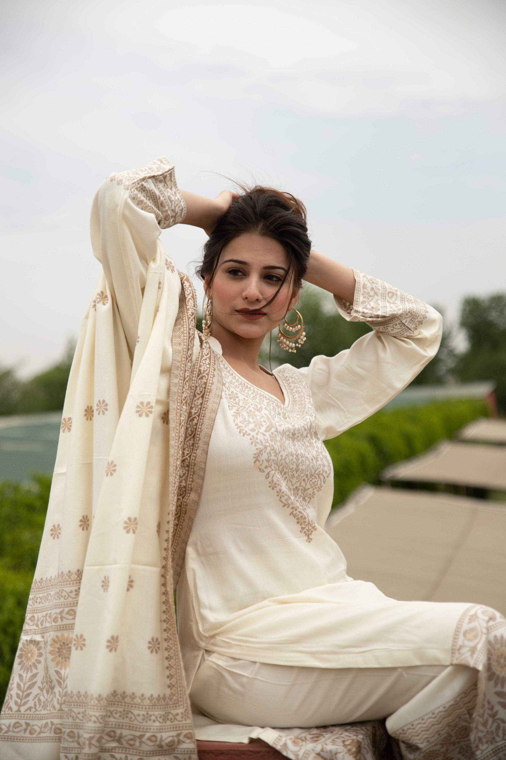 Acro Wool Cream color suit for women with Stole