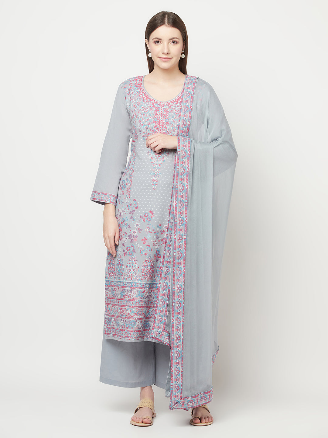 Safaa Women Cotton Woven Design Unstitched Dress Material With Chiffon Dupatta