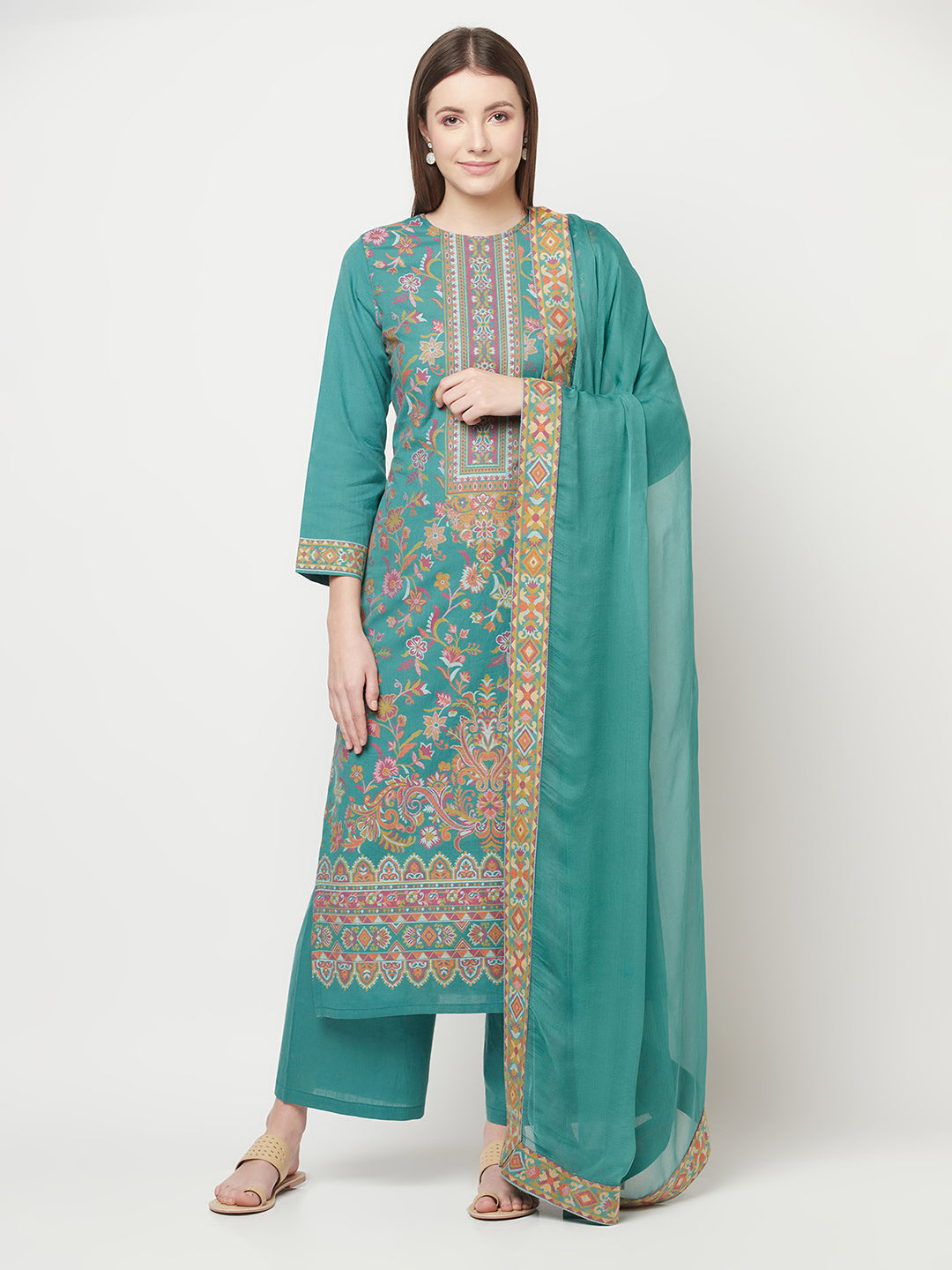 Safaa Women Cotton Woven Design Unstitched Dress Material With Chiffon Dupatta