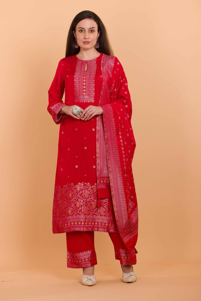 Chand Tare winter suit in vibrant zari red From Safaa India