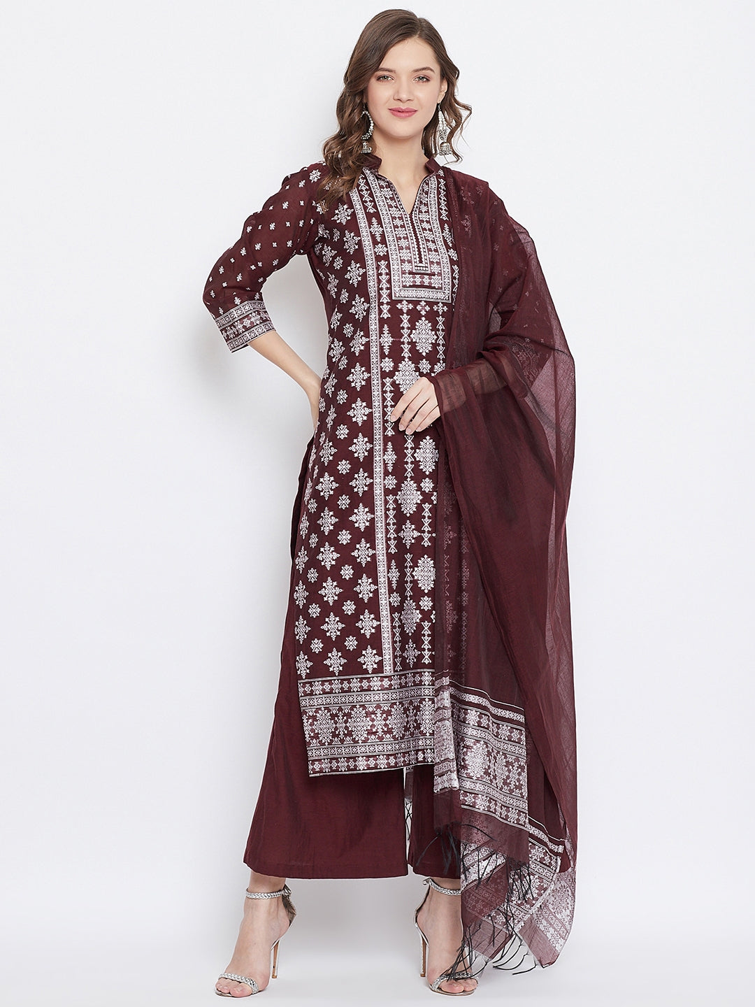 Chikankari Woven Mar Maroon Dress Material