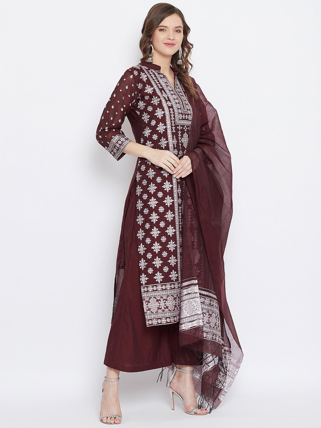 Chikankari Woven Mar Maroon Dress Material