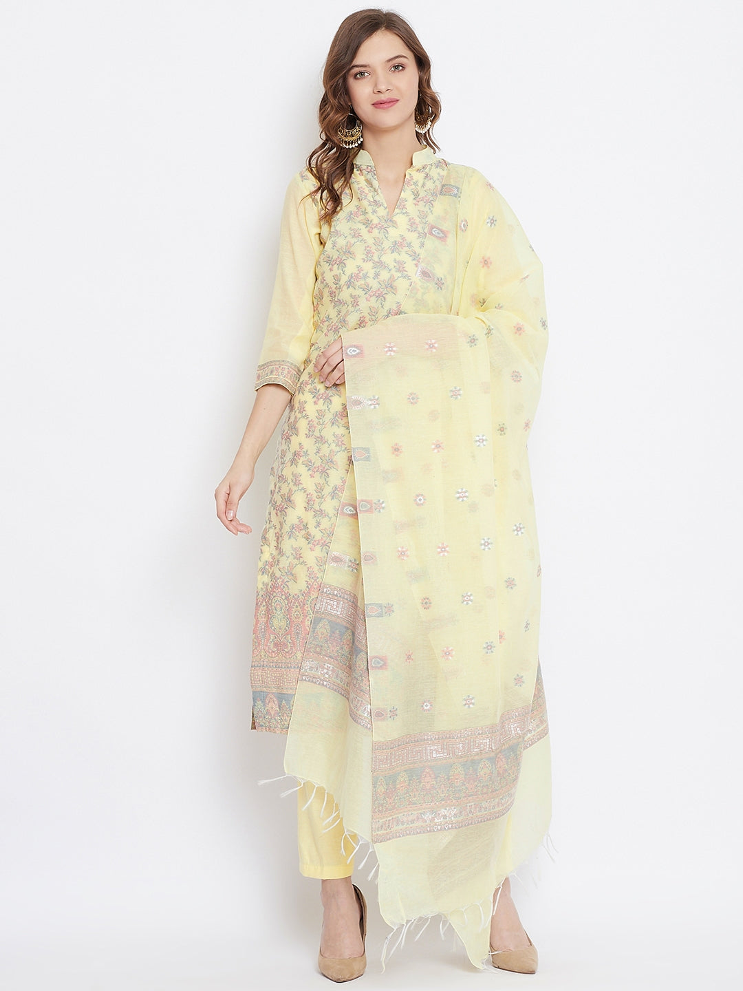 ORGANIC COTTON WOVEN LEMON DRESS MATERIAL WITH DUPATTA