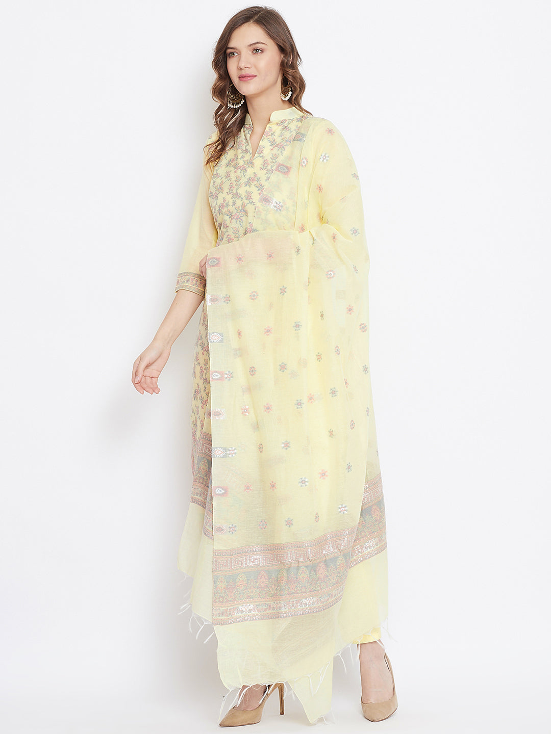 ORGANIC COTTON WOVEN LEMON DRESS MATERIAL WITH DUPATTA
