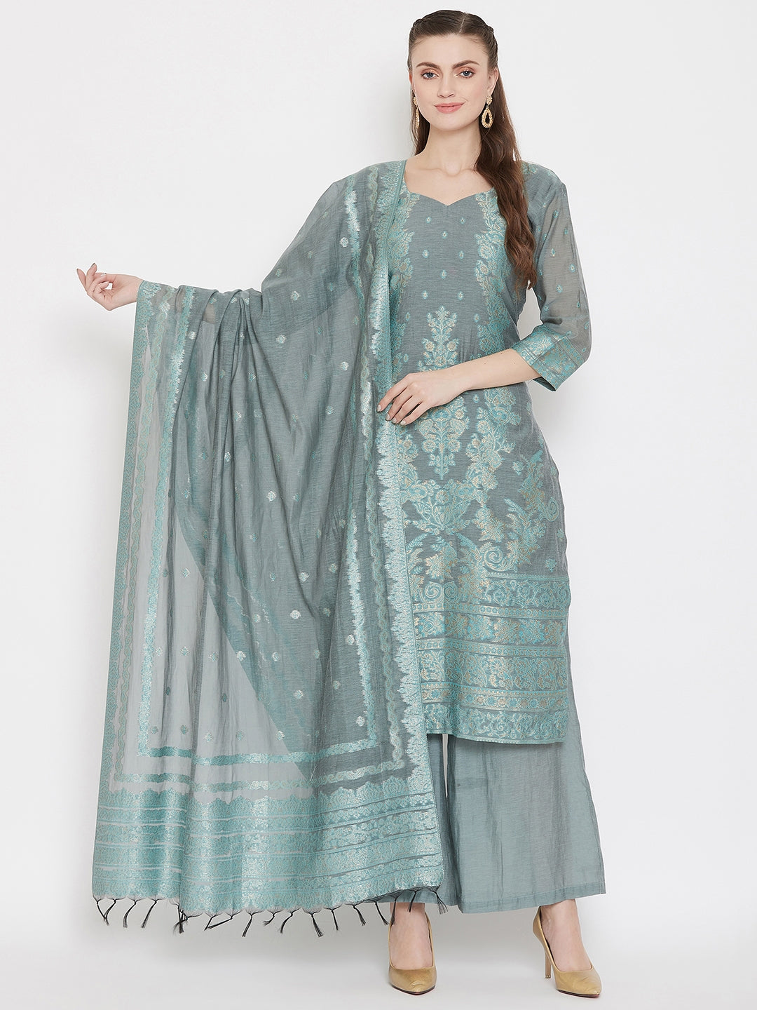 Cotton Silk Zari Woven Lemon Dress Material with Dupatta