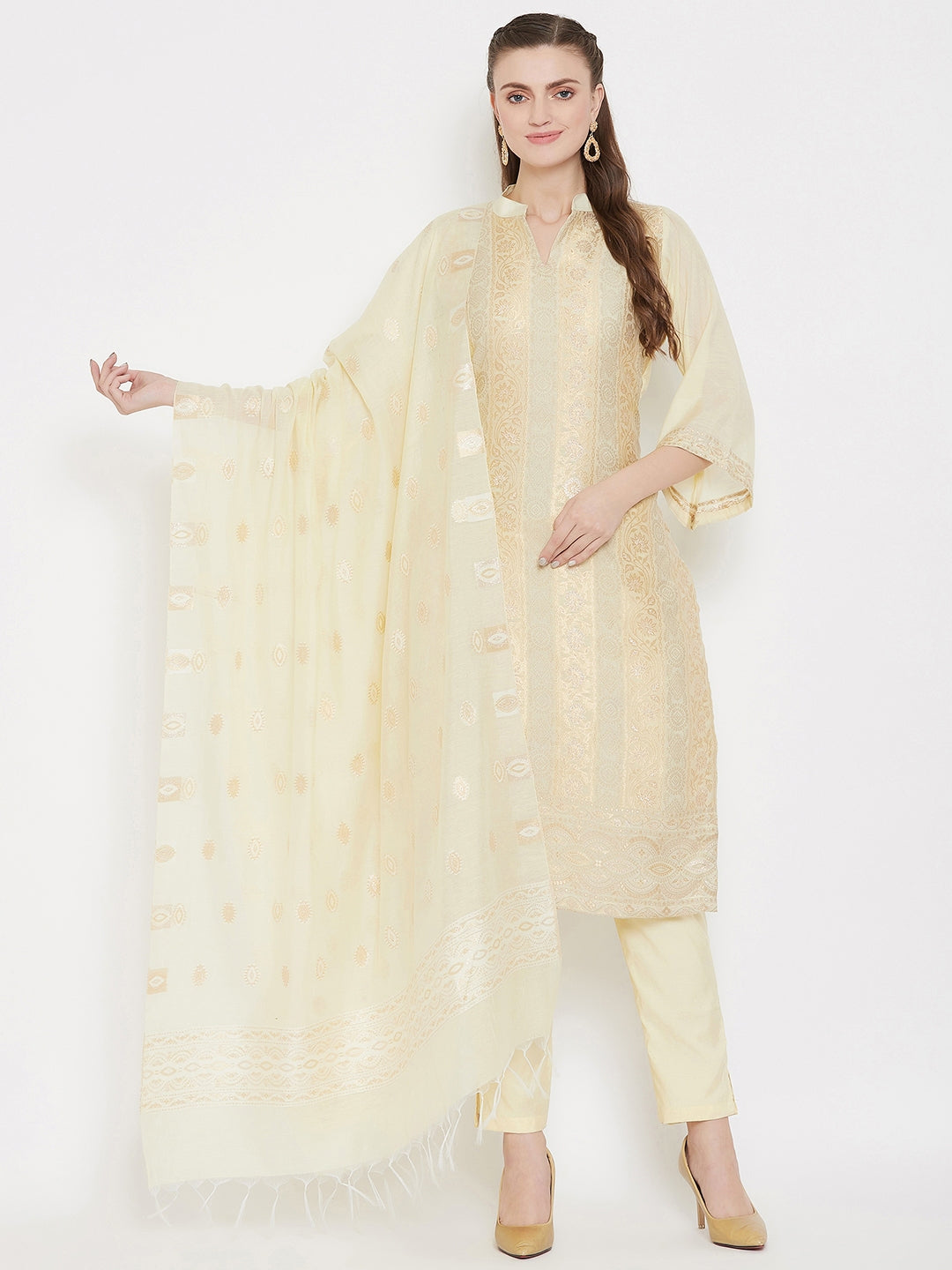 ORGANIC COTTON WOVEN LEMON DRESS MATERIAL WITH DUPATTA
