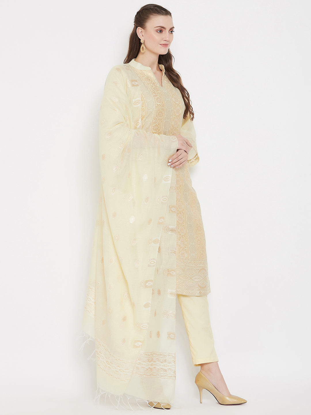 ORGANIC COTTON WOVEN LEMON DRESS MATERIAL WITH DUPATTA