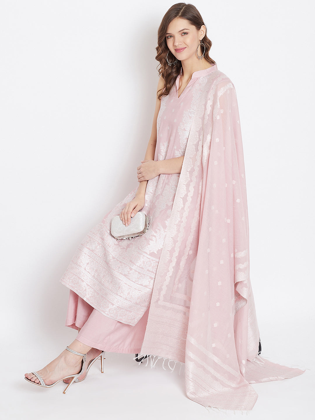 Cotton Silk Zari Woven Lpeach Dress Material with Dupatta