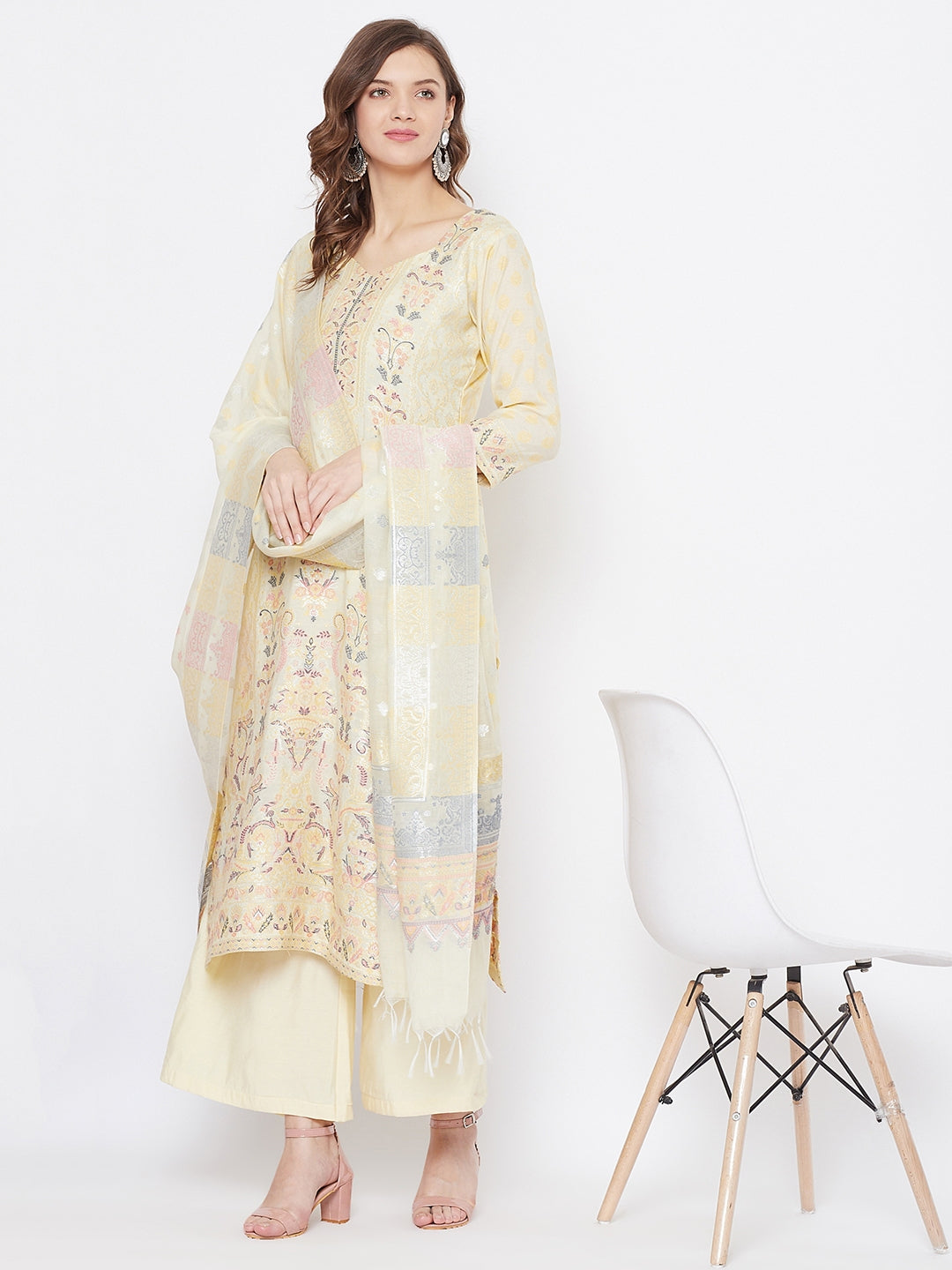 Organic Cotton Woven Lemon Dress Material with Dupatta