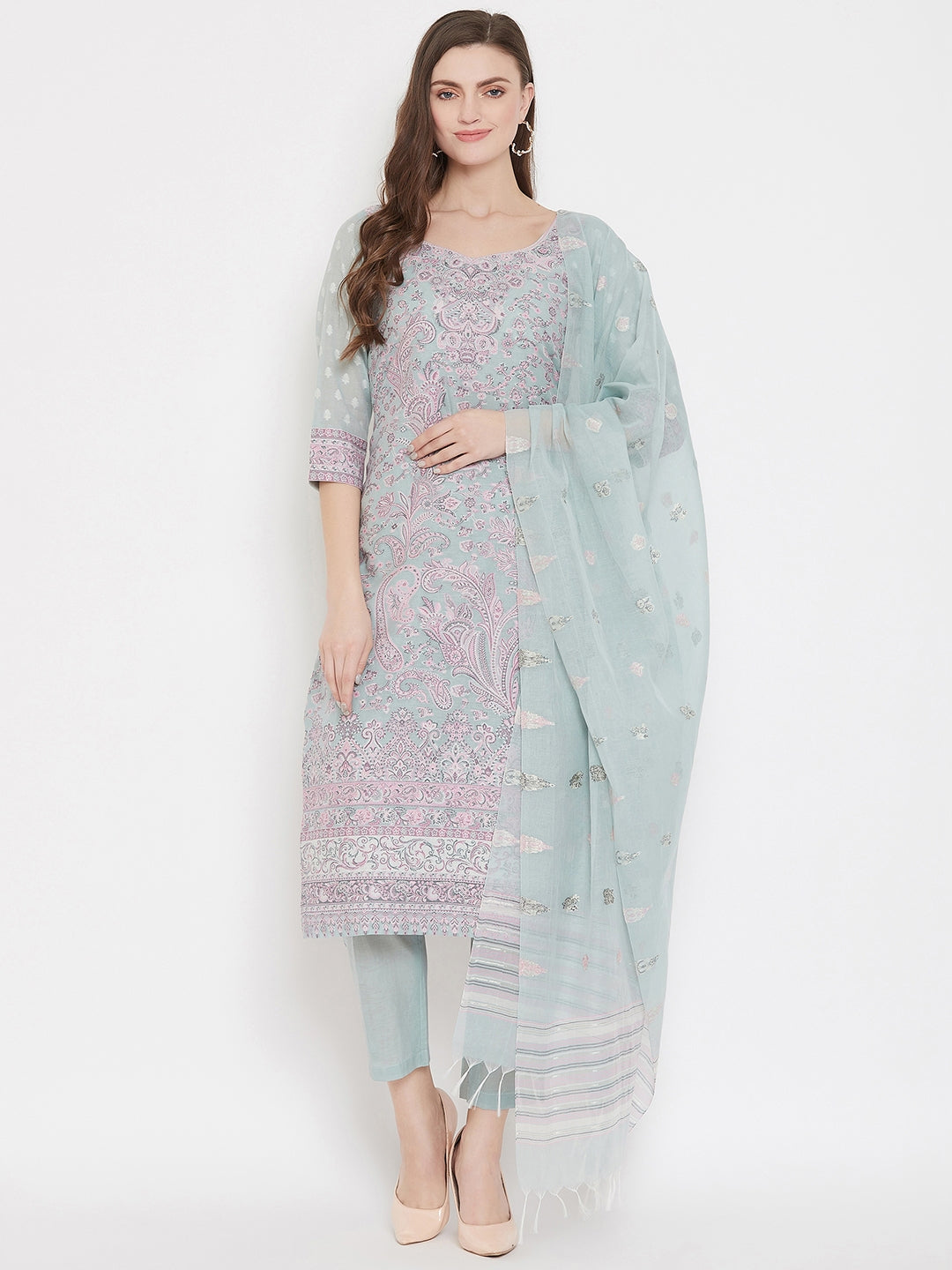 ORGANIC COTTON WOVEN SEA GREEN DRESS MATERIAL WITH DUPATTA