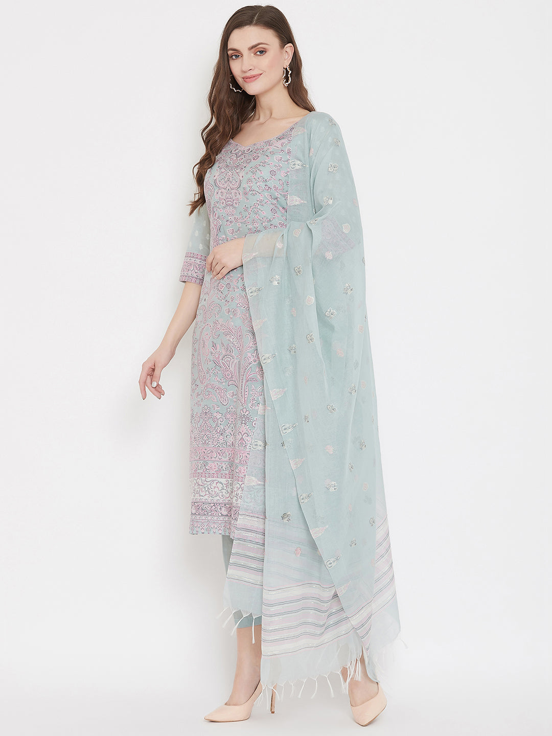 ORGANIC COTTON WOVEN SEA GREEN DRESS MATERIAL WITH DUPATTA