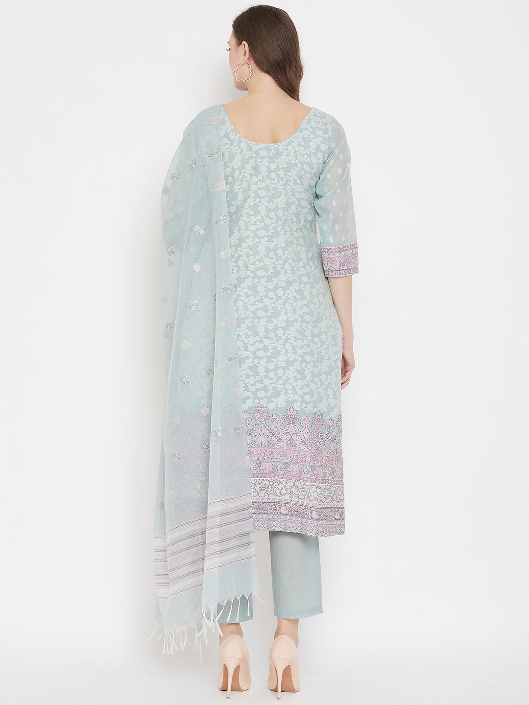 ORGANIC COTTON WOVEN SEA GREEN DRESS MATERIAL WITH DUPATTA