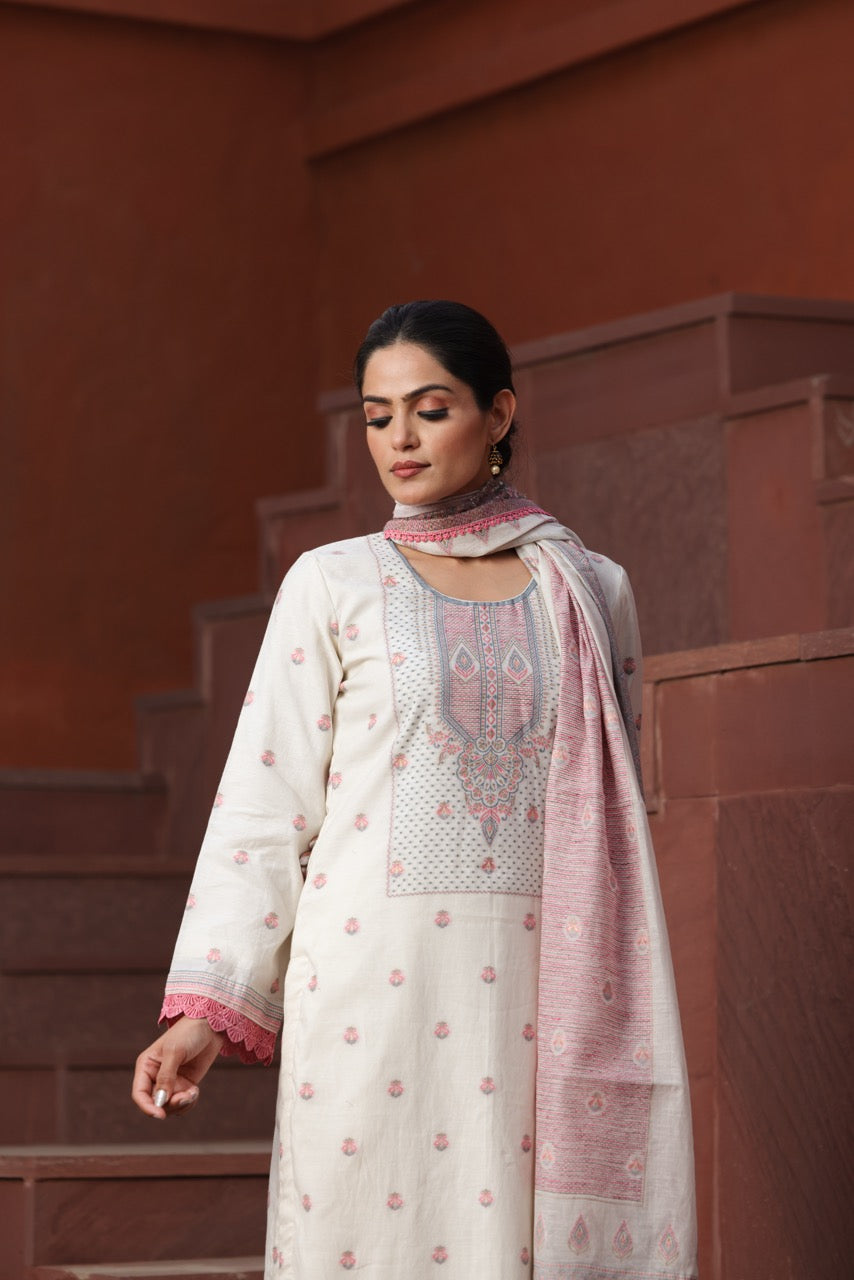 pink hue weaving floral design suit for women