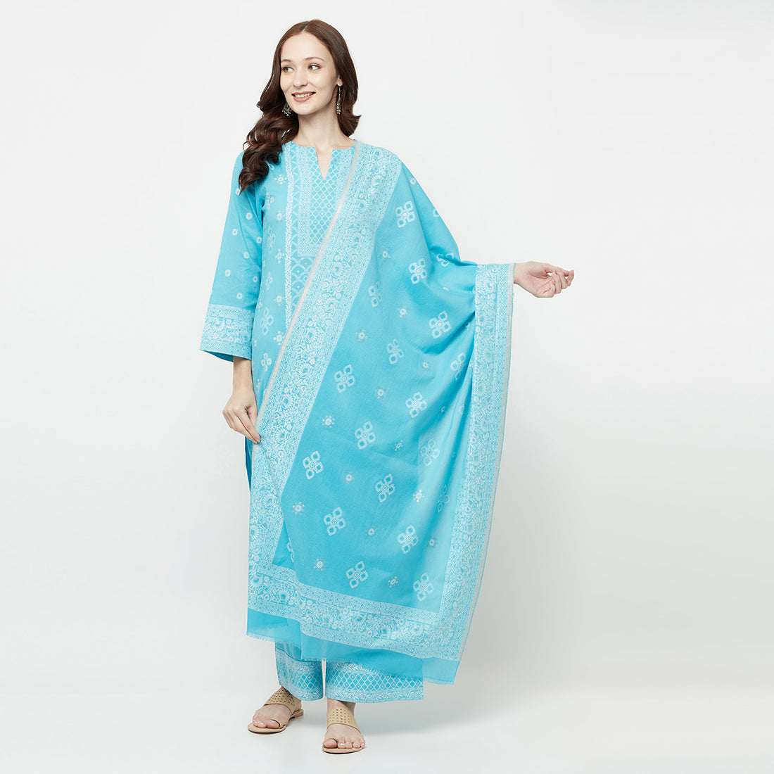 COTTON JACQUARD ZARI WOVEN FEROZI DRESS MATERIAL WITH COTTON SILK DUPATTA