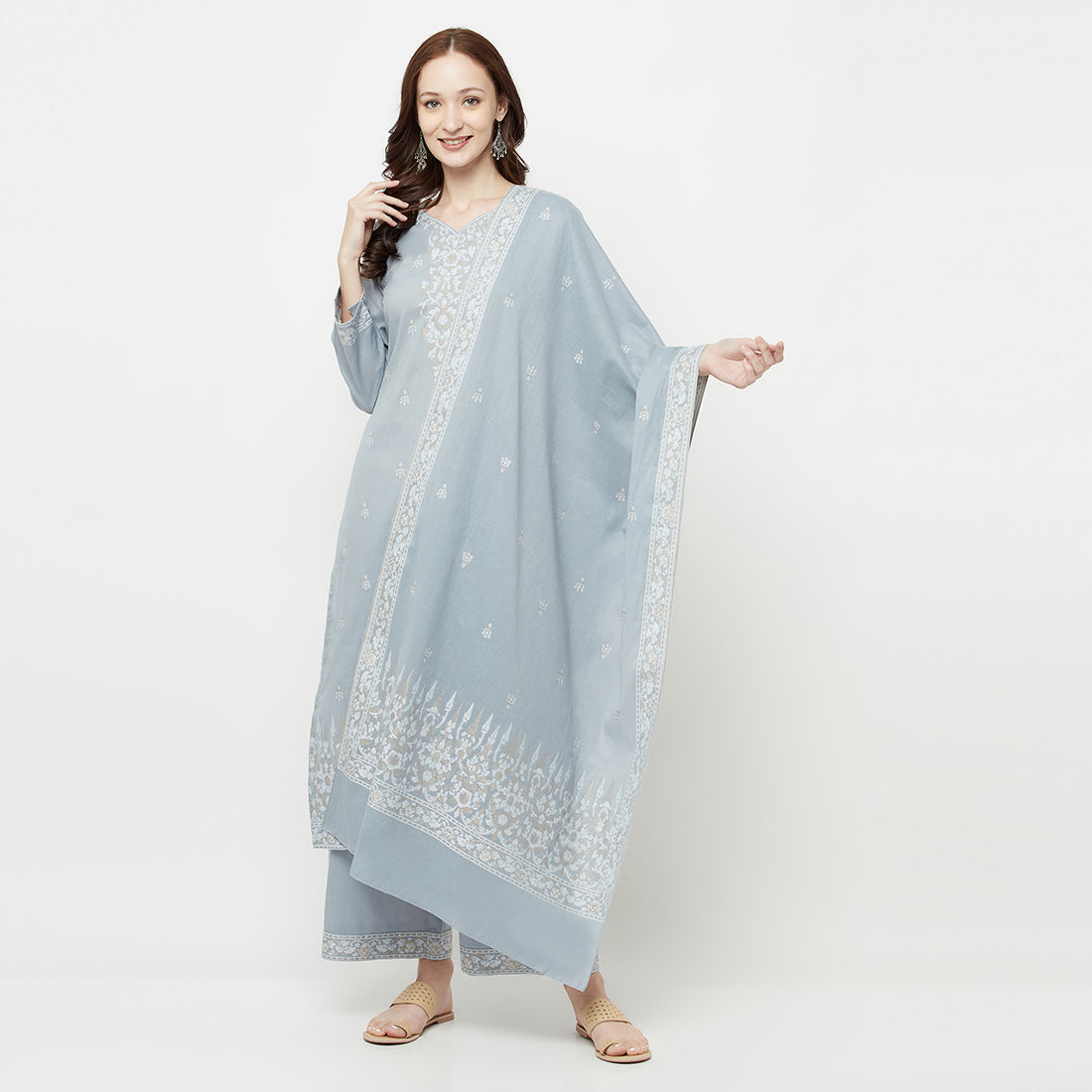 COTTON JACQUARD ZARI WOVEN GREY DRESS MATERIAL WITH COTTON SILK DUPATTA