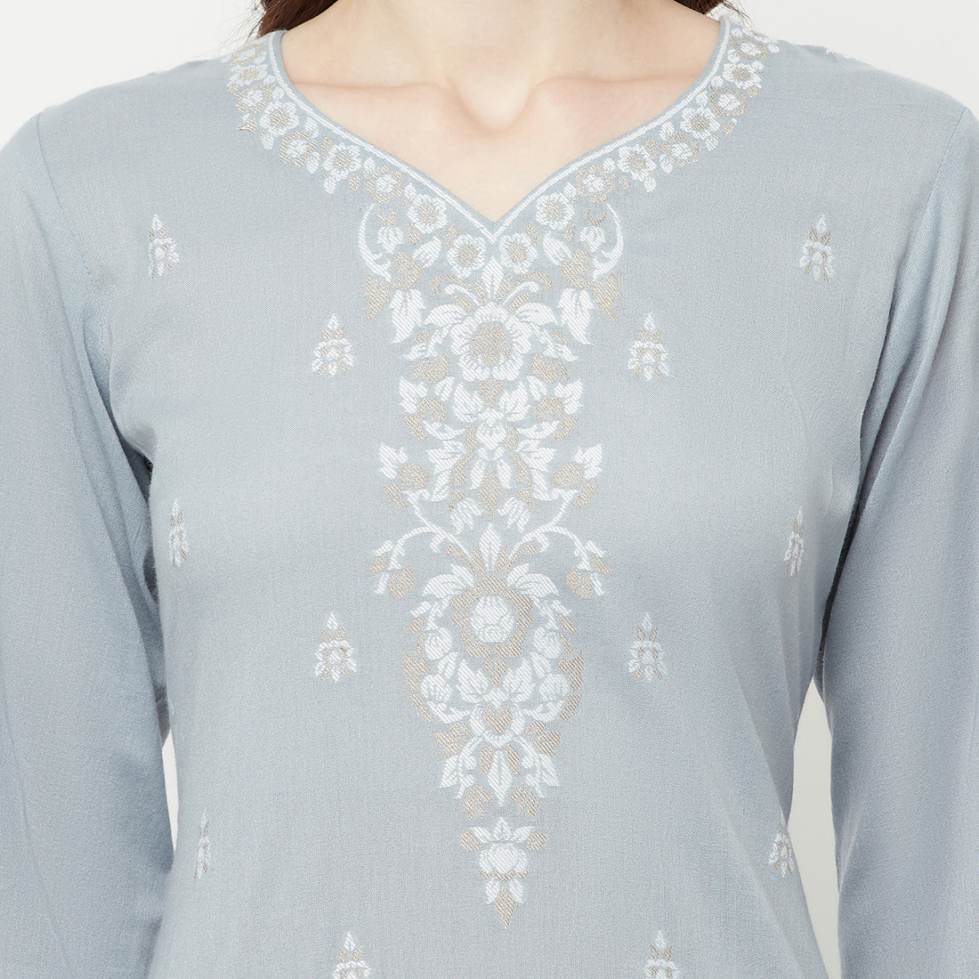 COTTON JACQUARD ZARI WOVEN GREY DRESS MATERIAL WITH COTTON SILK DUPATTA
